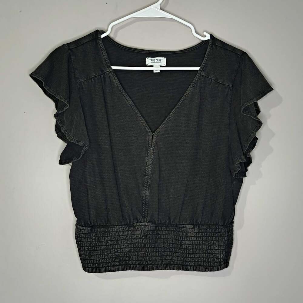 True Craft Women's Black V-Neck Smocked Pullover Ruffle Flutter Sleeve Blouse L